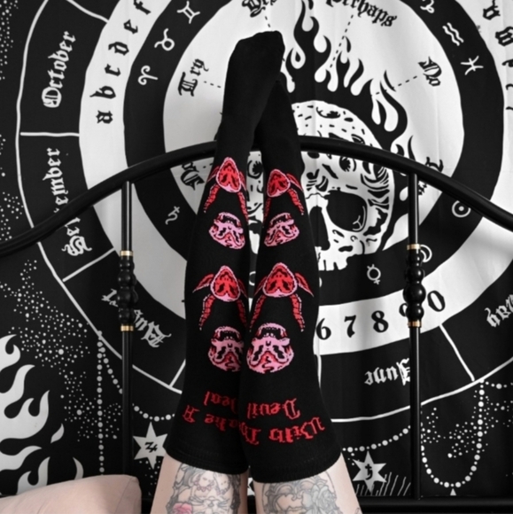 Killstar “Pact” Gothic Long Socks – Black & Red Devil Graphic Knit | Soft Cotton - Picture 1 of 7